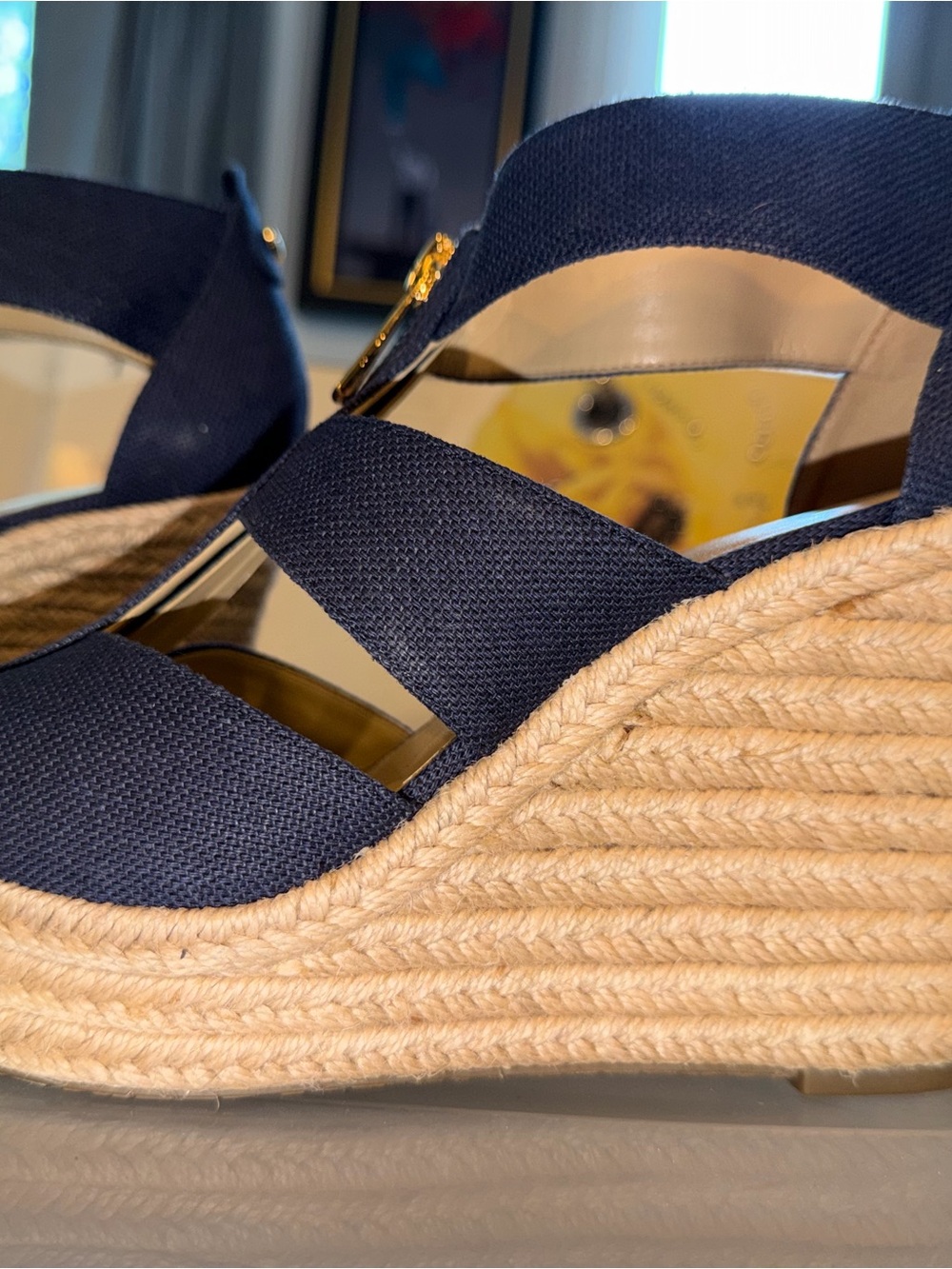 Michael Kors Navy Canvas Espadrille Wedge Sandals with Gold Zip - Picture 2 of 5
